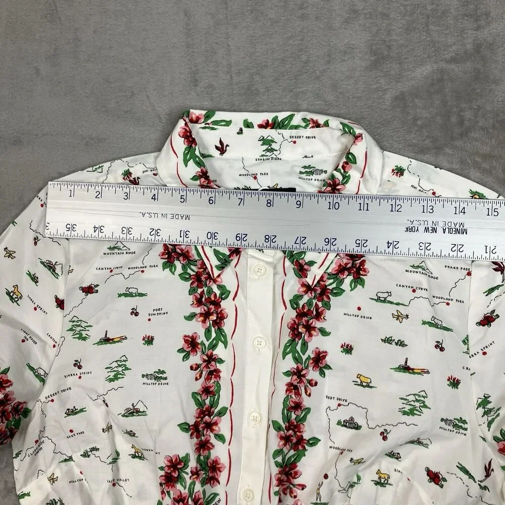 J Crew Map Print Shirt Dress Womens 6 Floral Mini Cotton Poplin Cerise Vacation
